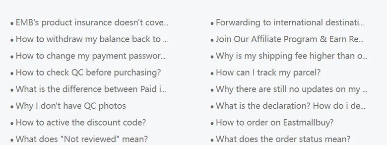 The FAQ list on the EastMallBuy help centre including the order status and parcel declaration entries
