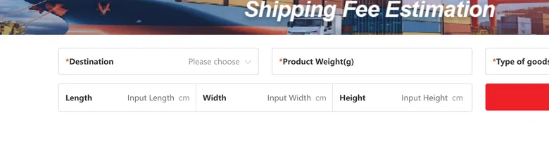 The EastMallBuy shipping estimate form asking for destination, weight, type of goods and dimensions
