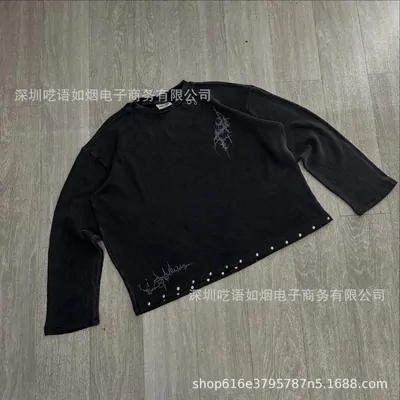 Black Long Sleeve Crop Top with Embroidered Design and Studs